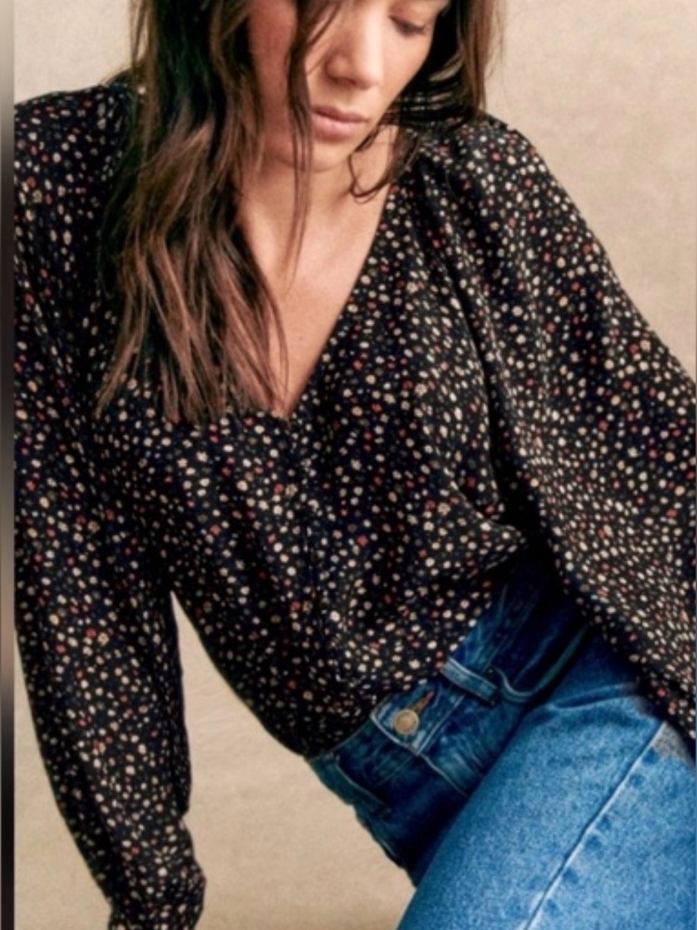 Sezane Erica Blouse Black Floral V-Neck with Multicolor Ditsy Print